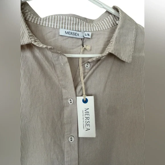 Mersea Essential Collar Popover Shirt Dress Beige White Stripes Size L/XL